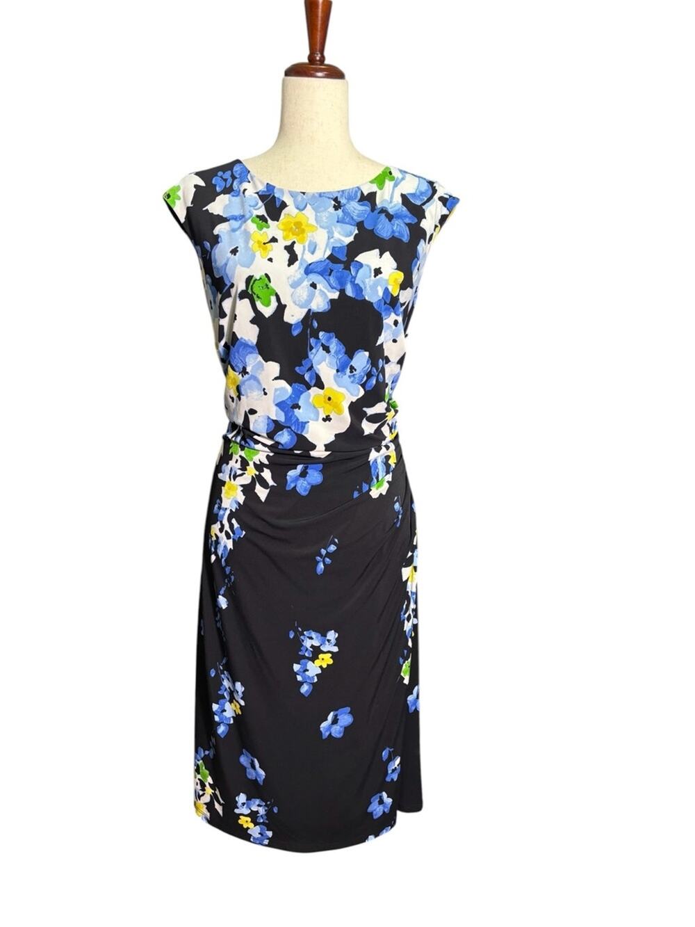 Lauren Ralph Lauren Floral Sheath Dress Blue Black Ruched Plus Size 14W 0042